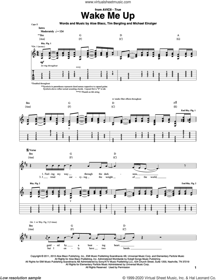 Wake Me Up sheet music for guitar (tablature) by Avicii, Aloe Blacc, Michael Einziger and Tim Bergling, intermediate skill level