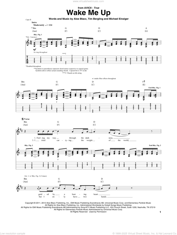 Wake Me Up sheet music for guitar (tablature) by Avicii, Aloe Blacc, Michael Einziger and Tim Bergling, intermediate skill level