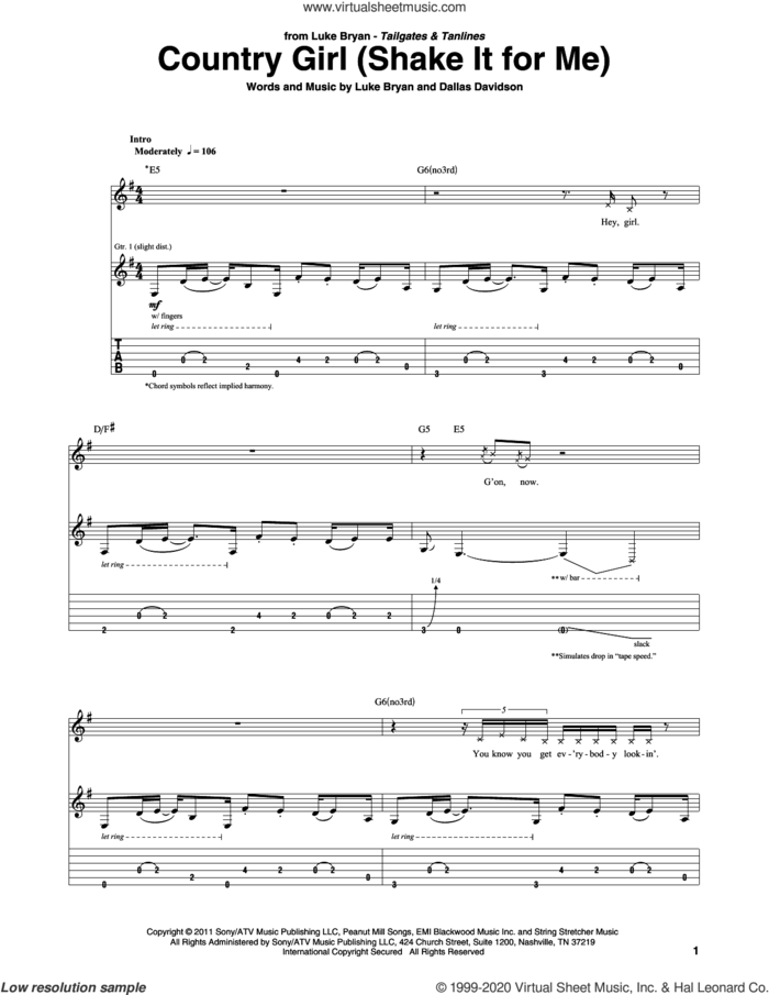 Country Girl (Shake It For Me) sheet music for guitar (tablature) by Luke Bryan and Dallas Davidson, intermediate skill level
