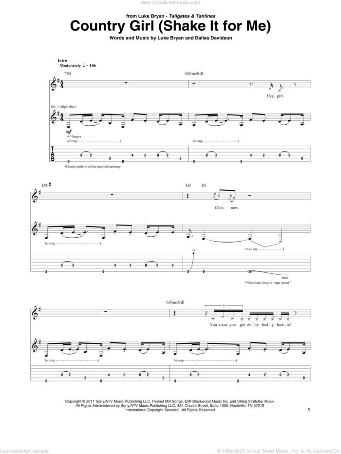 Country Girl (Shake It For Me) sheet music for guitar (tablature) by Luke Bryan and Dallas Davidson, intermediate skill level