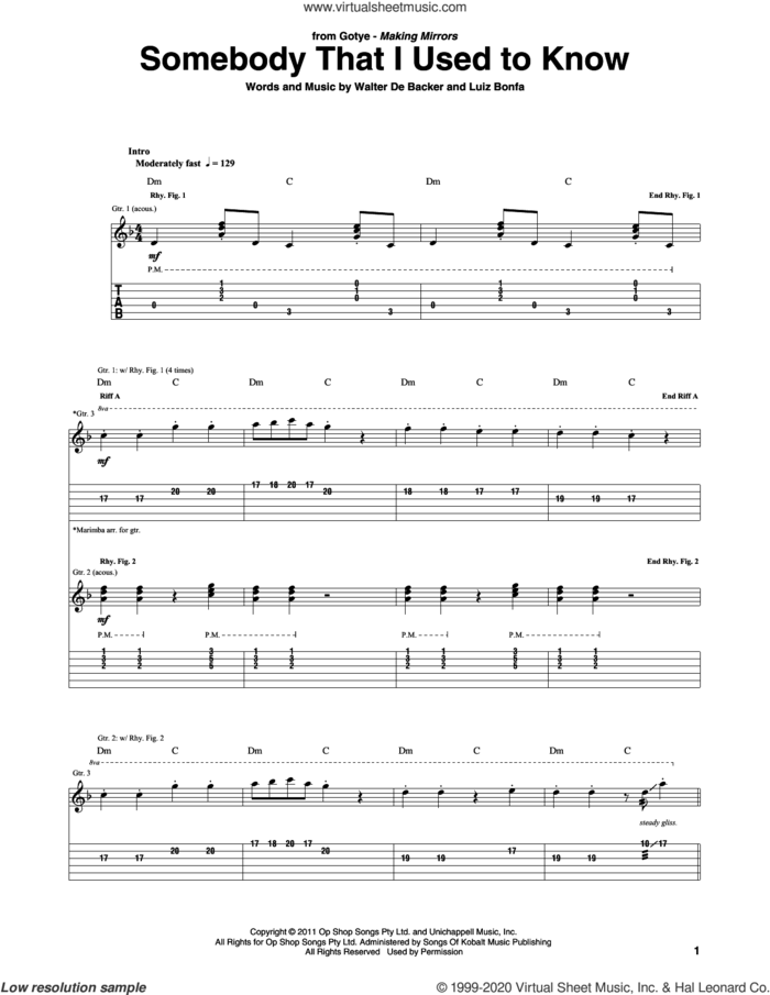 Somebody That I Used To Know (feat. Kimbra) sheet music for guitar (tablature) by Gotye, Luiz Bonfa and Walter De Backer, intermediate skill level