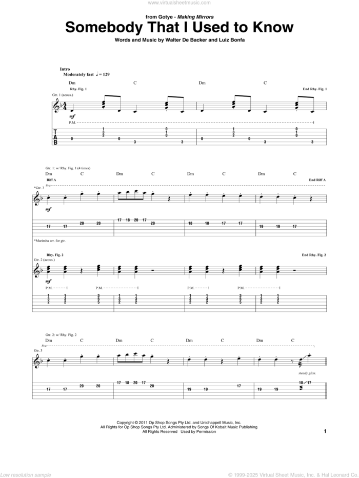 Somebody That I Used To Know (feat. Kimbra) sheet music for guitar (tablature) by Gotye, Luiz Bonfa and Walter De Backer, intermediate skill level