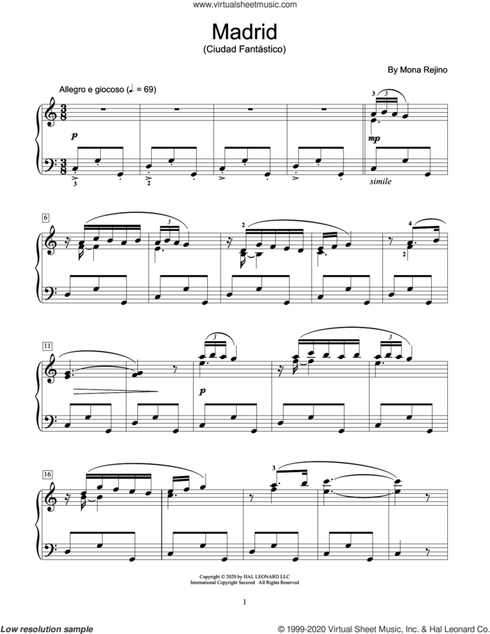 Madrid (Ciudad Fantastico) sheet music for piano solo (elementary) by Mona Rejino, classical score, beginner piano (elementary)