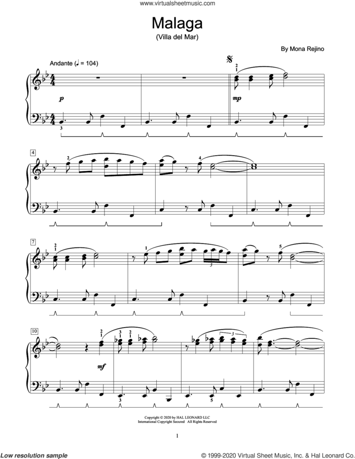 Malaga (Villa Del Mar) sheet music for piano solo (elementary) by Mona Rejino, classical score, beginner piano (elementary)