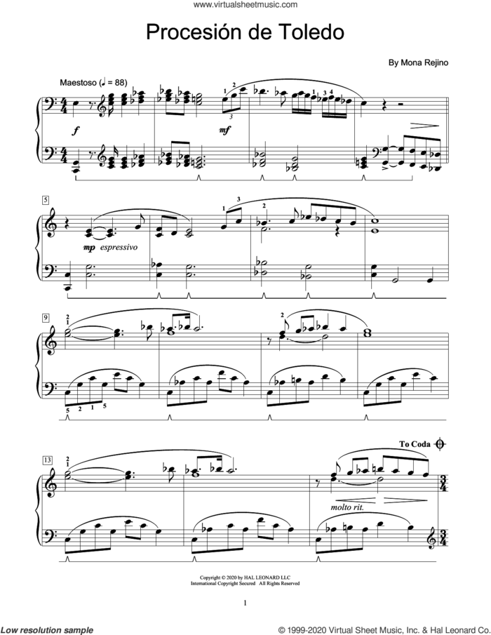 Procesion De Toledo sheet music for piano solo (elementary) by Mona Rejino, classical score, beginner piano (elementary)