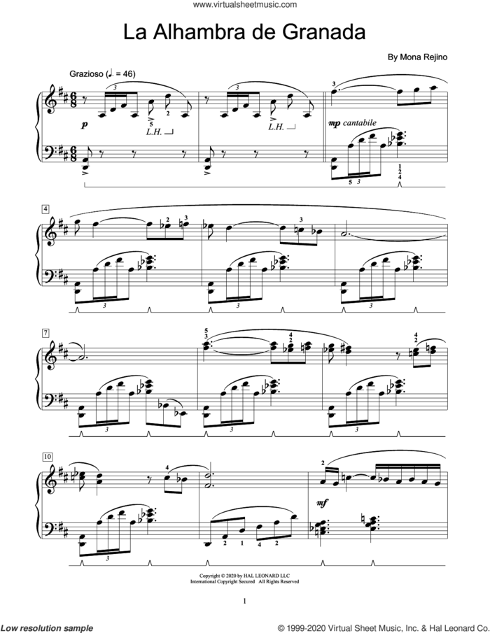 La Alhambra De Granada sheet music for piano solo (elementary) by Mona Rejino, classical score, beginner piano (elementary)