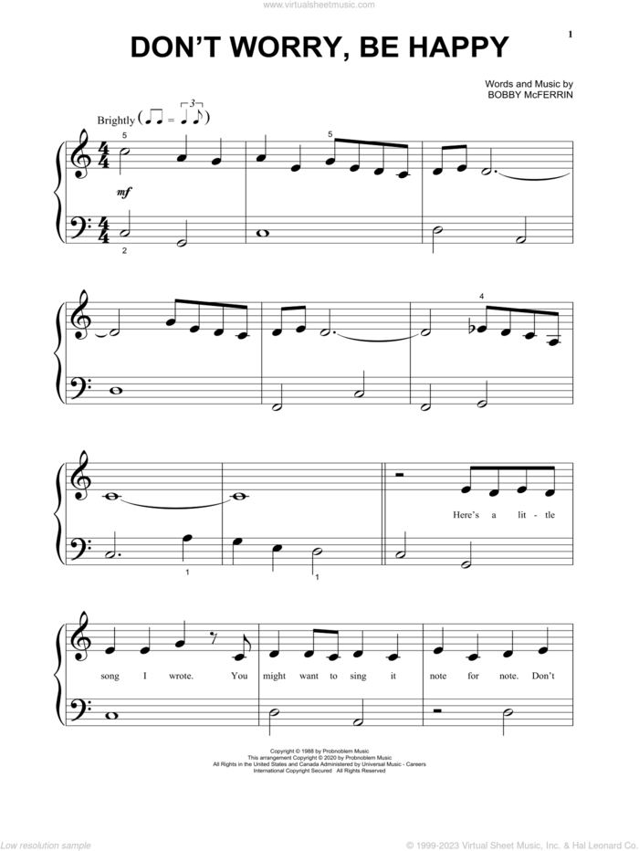 Don't Worry, Be Happy sheet music for piano solo by Bobby McFerrin, beginner skill level