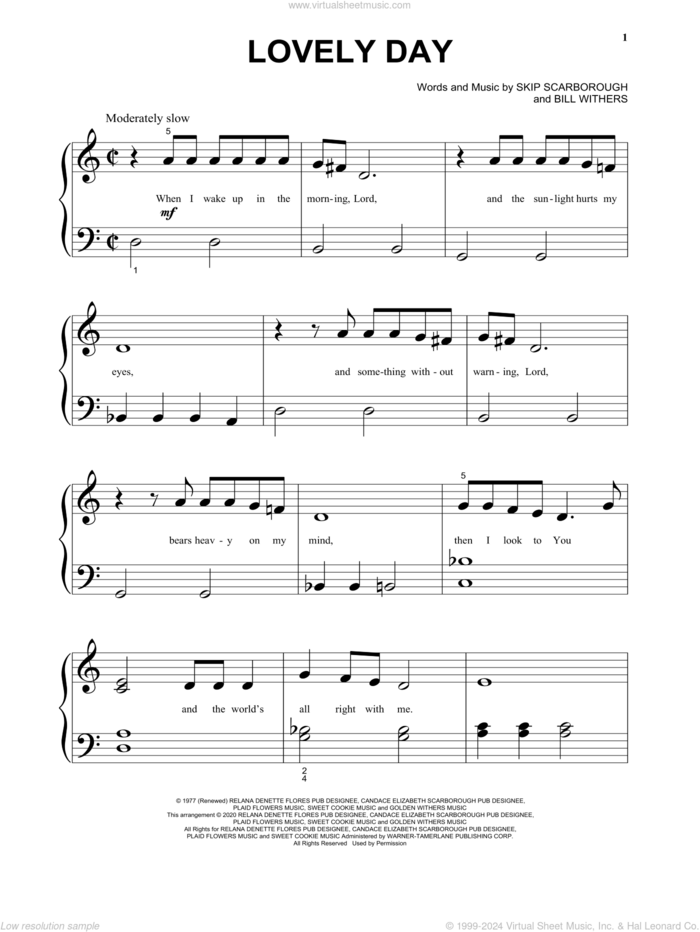 Lovely Day sheet music for piano solo by Bill Withers and Skip Scarborough, beginner skill level