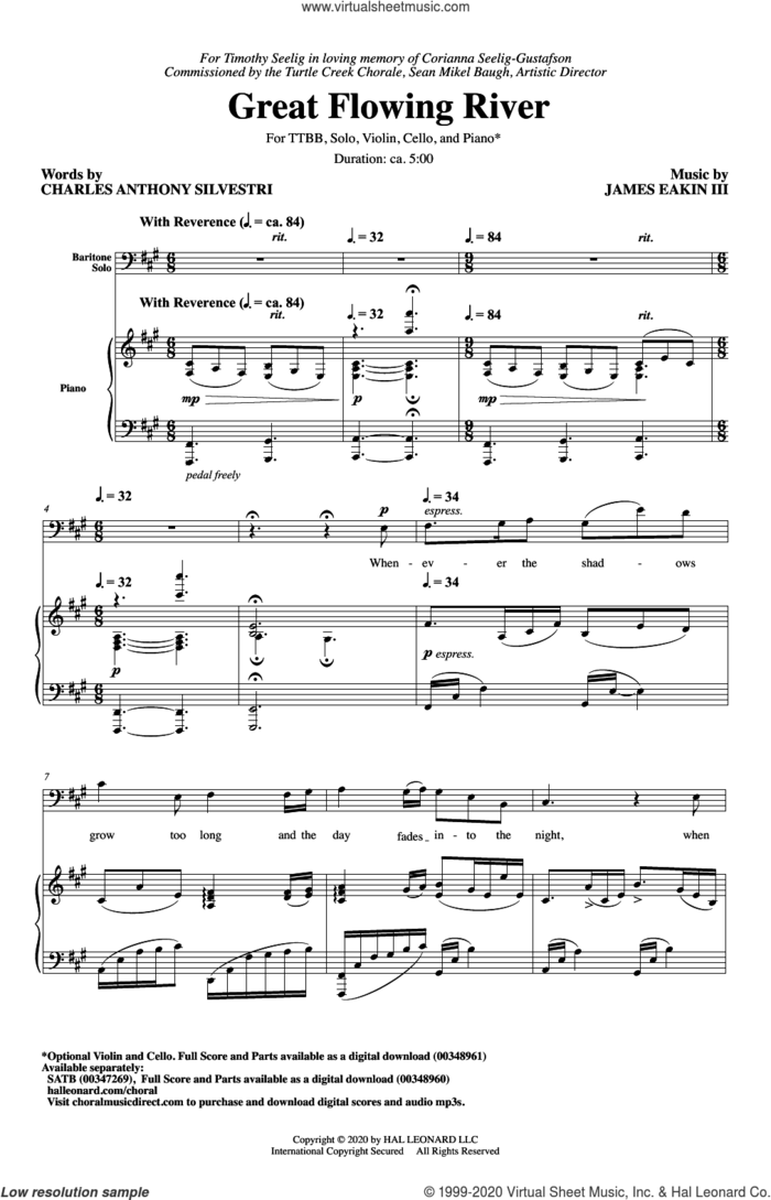 Great Flowing River sheet music for choir (TTBB: tenor, bass) by James Eakin III, Charles Anthony Silvestri and Charles Anthony Silvestri and James Eakin III, intermediate skill level