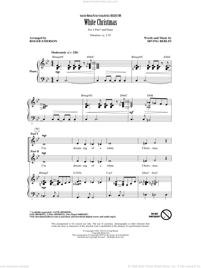 White Christmas (from Holiday Inn) (arr. Roger Emerson) sheet music for choir (2-Part) by Irving Berlin and Roger Emerson, intermediate duet