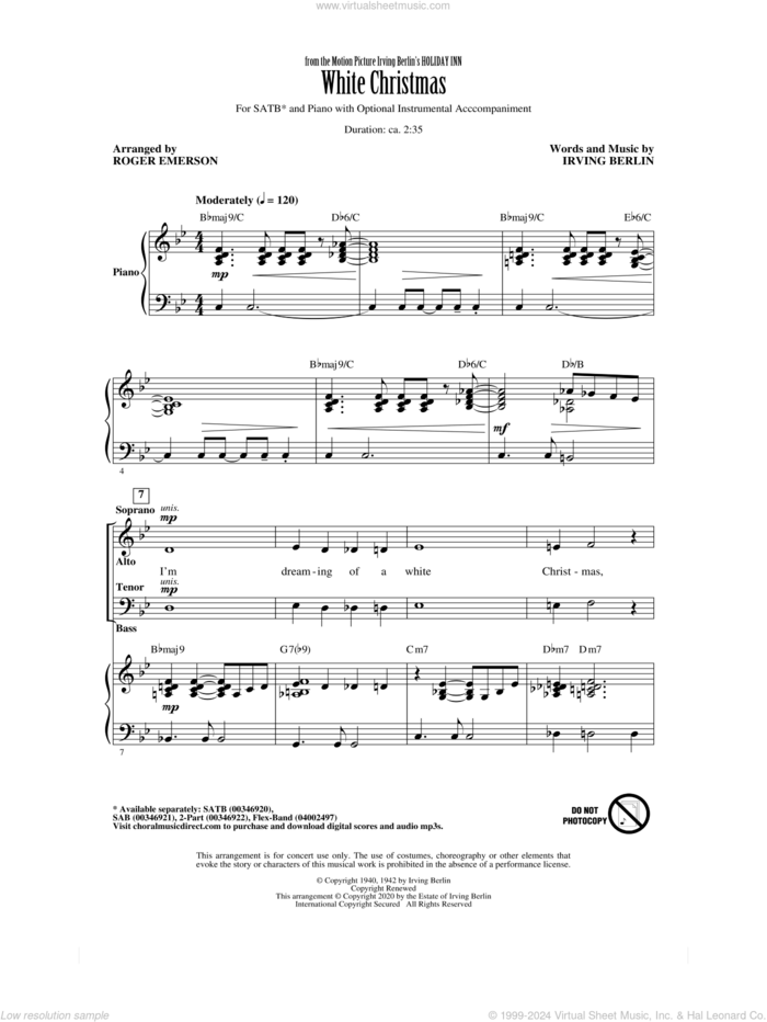 White Christmas (from Holiday Inn) (arr. Roger Emerson) sheet music for choir (SATB: soprano, alto, tenor, bass) by Irving Berlin and Roger Emerson, intermediate skill level