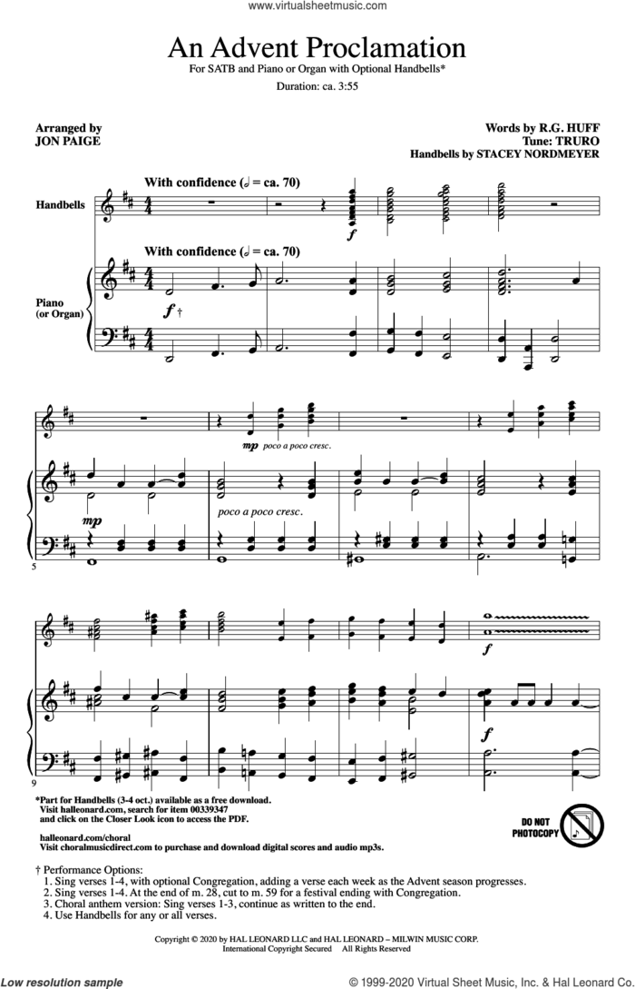 An Advent Proclamation (arr. Jon Paige) sheet music for choir (SATB: soprano, alto, tenor, bass) by R.G. Huff, Jon Paige and Truro, intermediate skill level