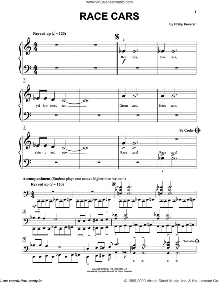 Race Cars sheet music for piano solo by Phillip Keveren, beginner skill level