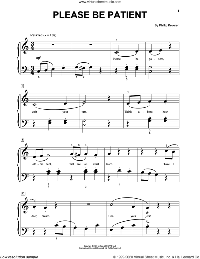 Please Be Patient sheet music for piano solo by Phillip Keveren, beginner skill level