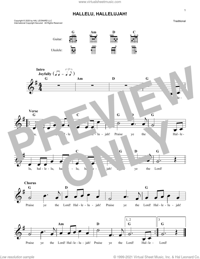 Hallelu, Hallelujah! sheet music for voice and other instruments (fake book), intermediate skill level