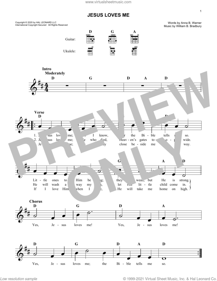 Jesus Loves Me sheet music for voice and other instruments (fake book) by William B. Bradbury and Anna B. Warner, intermediate skill level
