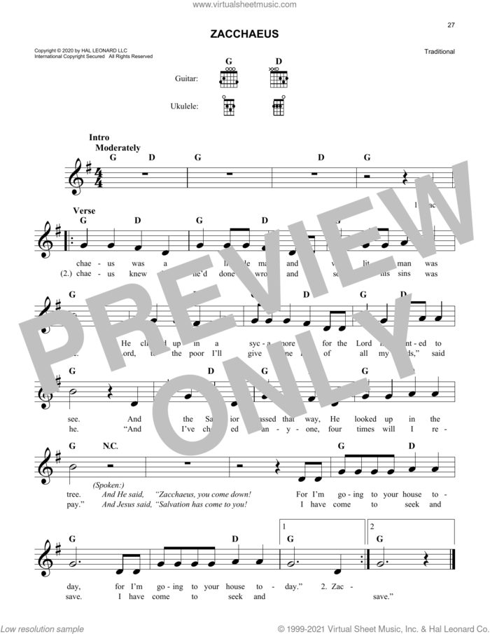 Zacchaeus sheet music for voice and other instruments (fake book), intermediate skill level