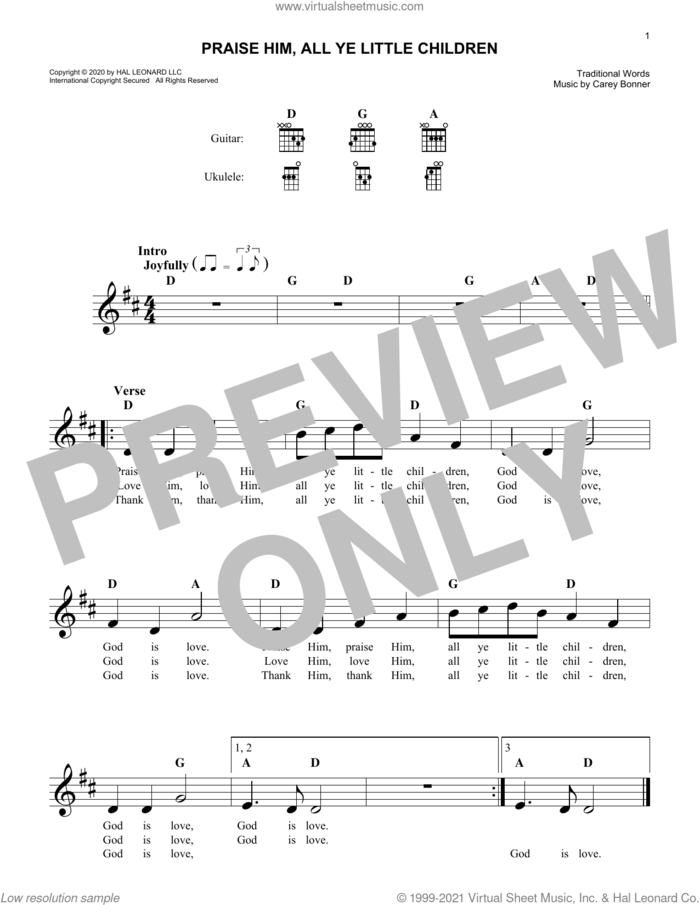 Praise Him, All Ye Little Children sheet music for voice and other instruments (fake book) by Traditional Words and Carey Bonner, intermediate skill level