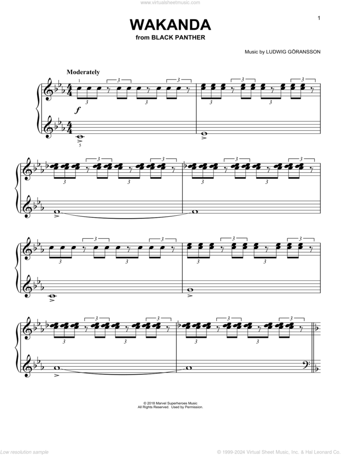 Wakanda (from Black Panther), (easy) sheet music for piano solo by Ludwig Göransson and Ludwig Goransson, easy skill level