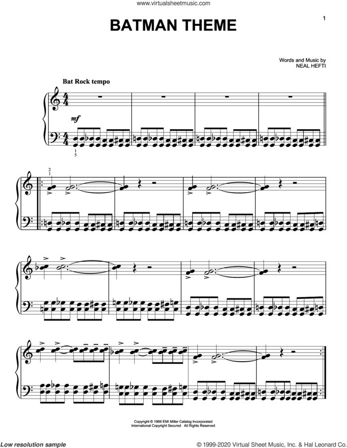 Batman Theme, (easy) sheet music for piano solo by Neal Hefti, easy skill level
