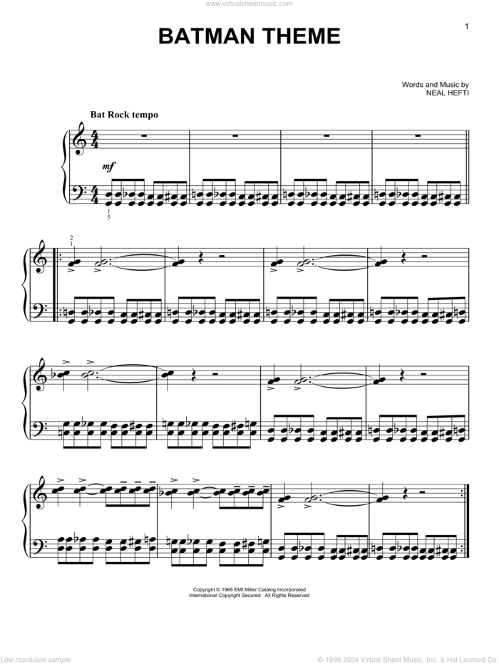 Batman Theme, (easy) sheet music for piano solo by Neal Hefti, easy skill level