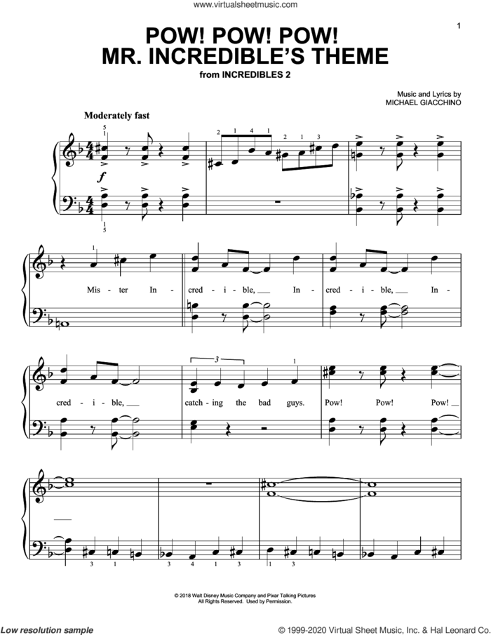 Pow! Pow! Pow! - Mr. Incredibles Theme (from Incredibles 2) sheet music for piano solo by Michael Giacchino, easy skill level