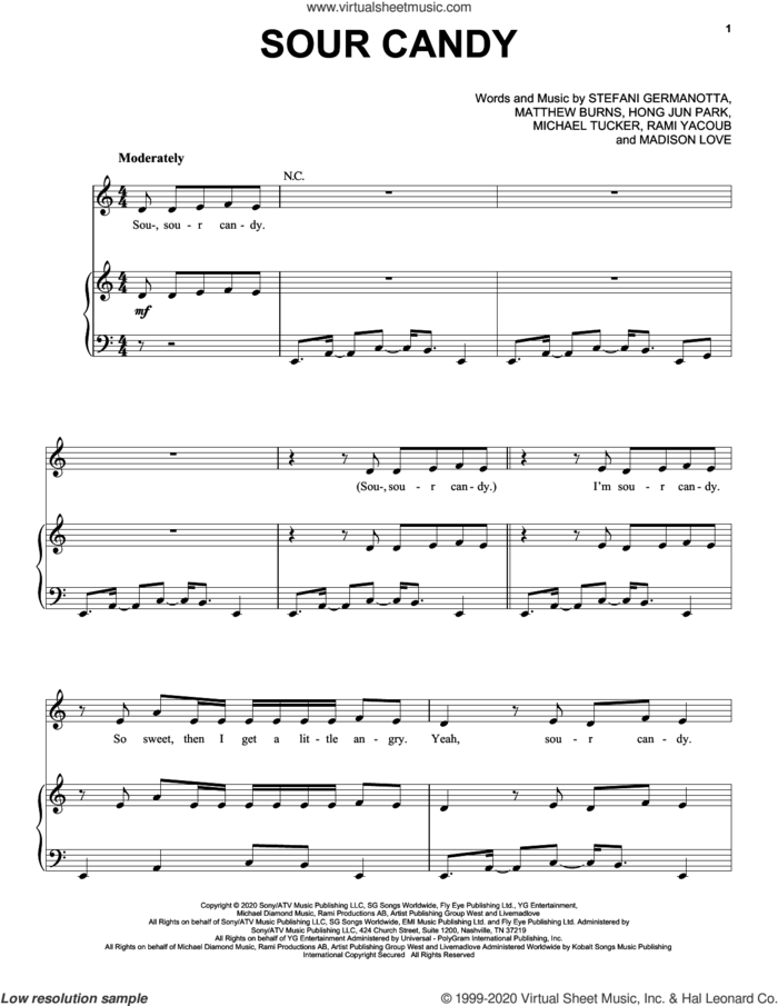 Sour Candy sheet music for voice, piano or guitar by Lady Gaga & BLACKPINK, Hong Jun Park, Lady Gaga, Madison Love, Matthew Burns, Michael Tucker and Rami, intermediate skill level