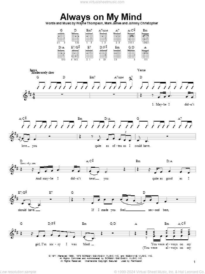 Always On My Mind sheet music for guitar solo (chords) by Willie Nelson, Elvis Presley, Johnny Christopher, Mark James and Wayne Thompson, easy guitar (chords)