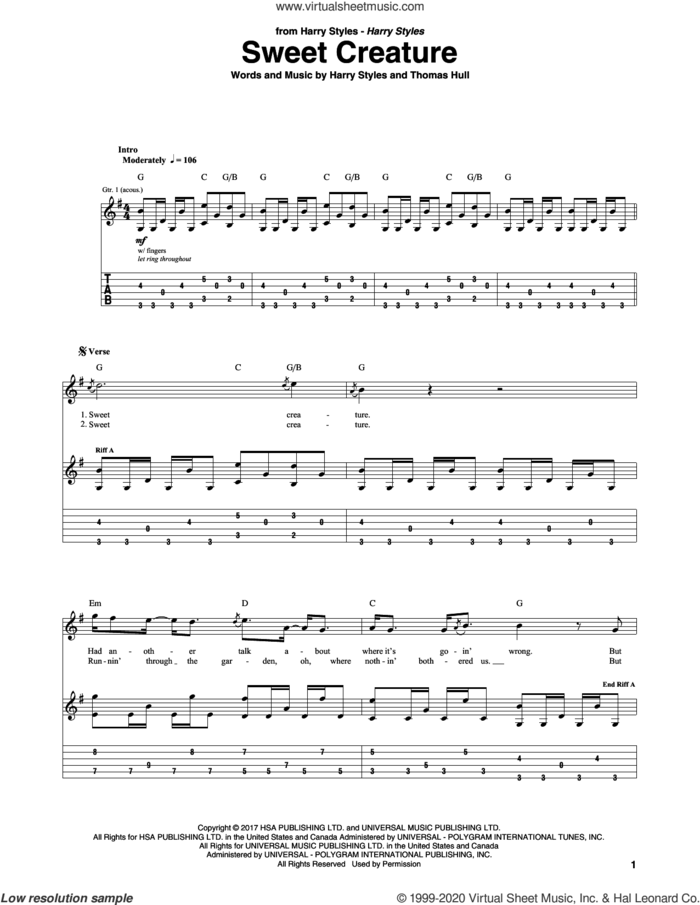 Sweet Creature sheet music for guitar (tablature) by Harry Styles and Tom Hull, intermediate skill level