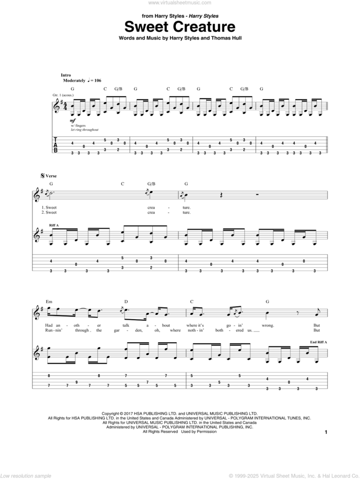 Sweet Creature sheet music for guitar (tablature) by Harry Styles and Tom Hull, intermediate skill level