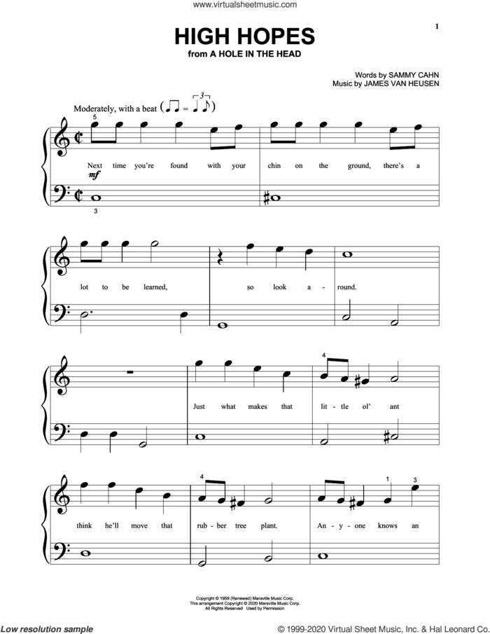 High Hopes (from A Hole In the Head) sheet music for piano solo by Jimmy van Heusen, Sammy Cahn and Sammy Cahn & James Van Heusen, beginner skill level
