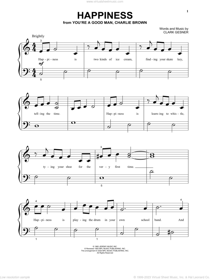 Happiness (from You're A Good Man, Charlie Brown) sheet music for piano solo by Clark Gesner, beginner skill level