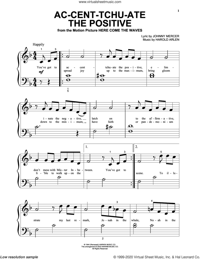 Ac-cent-tchu-ate The Positive (from Here Come the Waves) sheet music for piano solo by Harold Arlen, Johnny Mercer and Johnny Mercer & Harold Arlen, beginner skill level