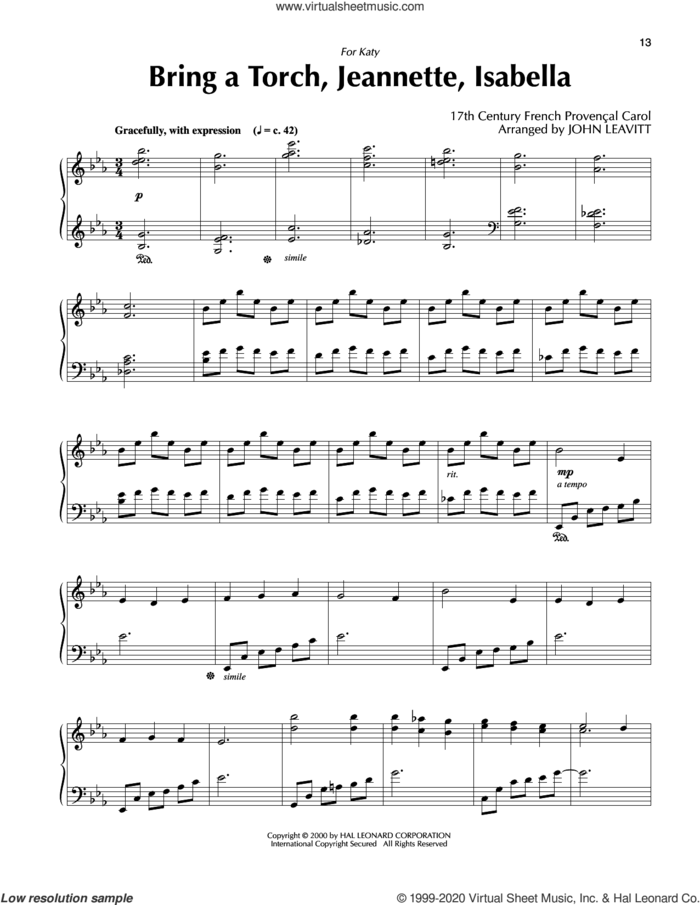 Bring A Torch, Jeannette, Isabella (arr. John Leavitt) sheet music for piano solo by Anonymous, John Leavitt and Miscellaneous, intermediate skill level
