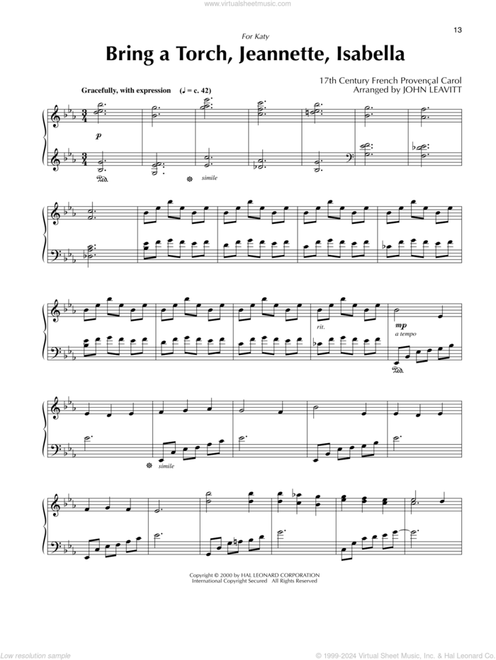 Bring A Torch, Jeannette, Isabella (arr. John Leavitt) sheet music for piano solo by Anonymous, John Leavitt and Miscellaneous, intermediate skill level