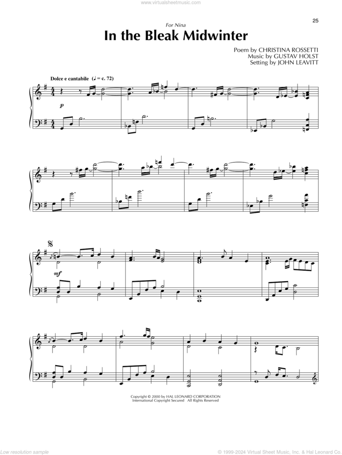 In The Bleak Midwinter (arr. John Leavitt) sheet music for piano solo by Gustav Holst, John Leavitt and Christina Rossetti, intermediate skill level