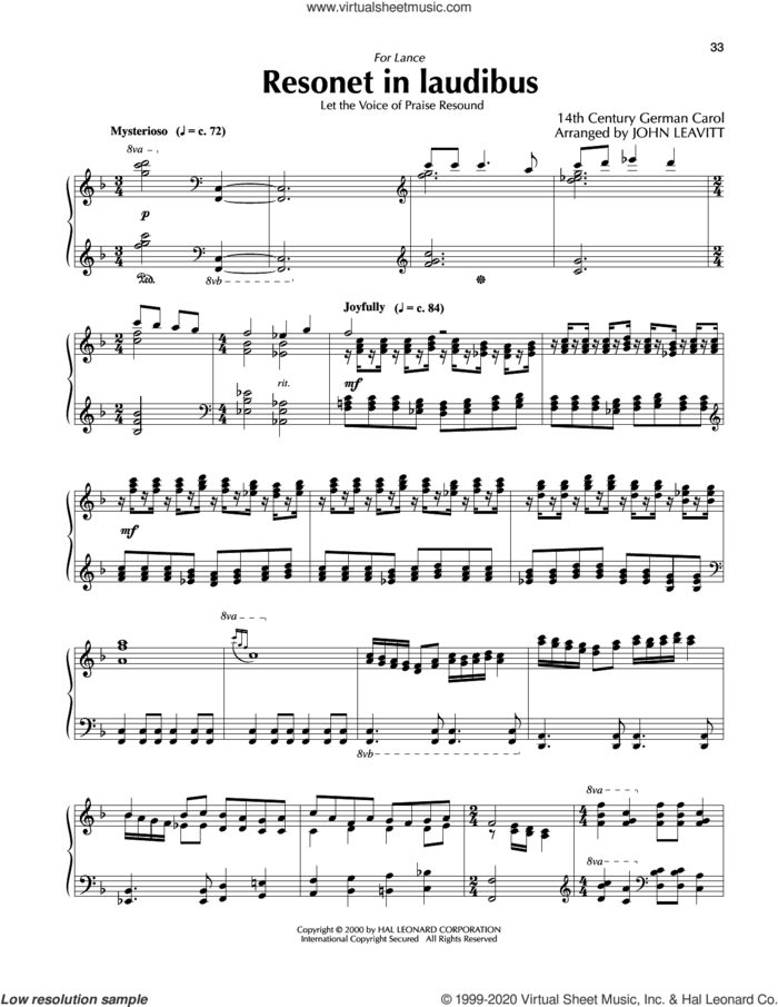 Resonet In Laudibus (arr. John Leavitt) sheet music for piano solo by Anonymous, John Leavitt and Miscellaneous, intermediate skill level