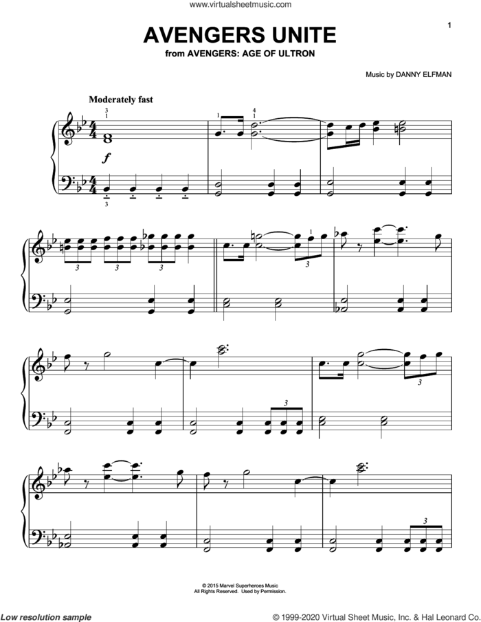 Avengers Unite (from Avengers: Age of Ultron), (easy) sheet music for piano solo by Danny Elfman, easy skill level