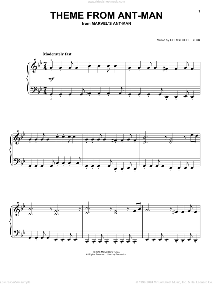 Theme from Ant-Man sheet music for piano solo by Christophe Beck, easy skill level