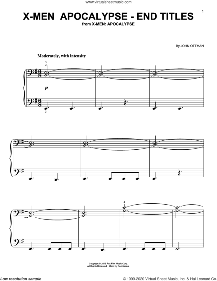 X-Men: Apocalypse - End Titles sheet music for piano solo by John Ottman, easy skill level