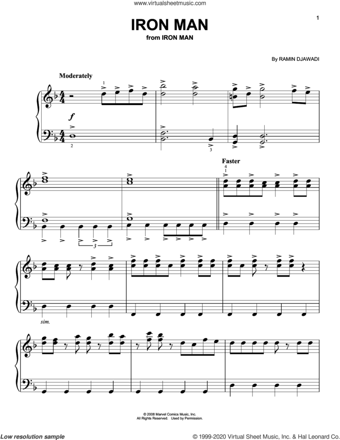 Iron Man sheet music for piano solo by Ramin Djawadi, easy skill level