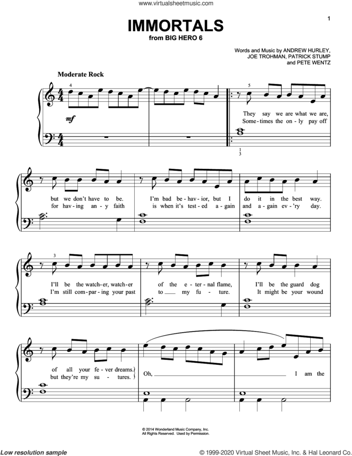 Immortals (from Big Hero 6) sheet music for piano solo by Fall Out Boy, Andrew Hurley, Joe Trohman, Patrick Stump and Pete Wentz, easy skill level