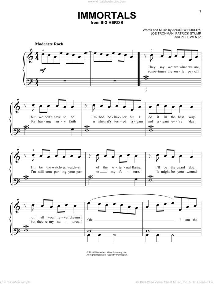 Immortals (from Big Hero 6), (easy) sheet music for piano solo by Fall Out Boy, Andrew Hurley, Joe Trohman, Patrick Stump and Pete Wentz, easy skill level