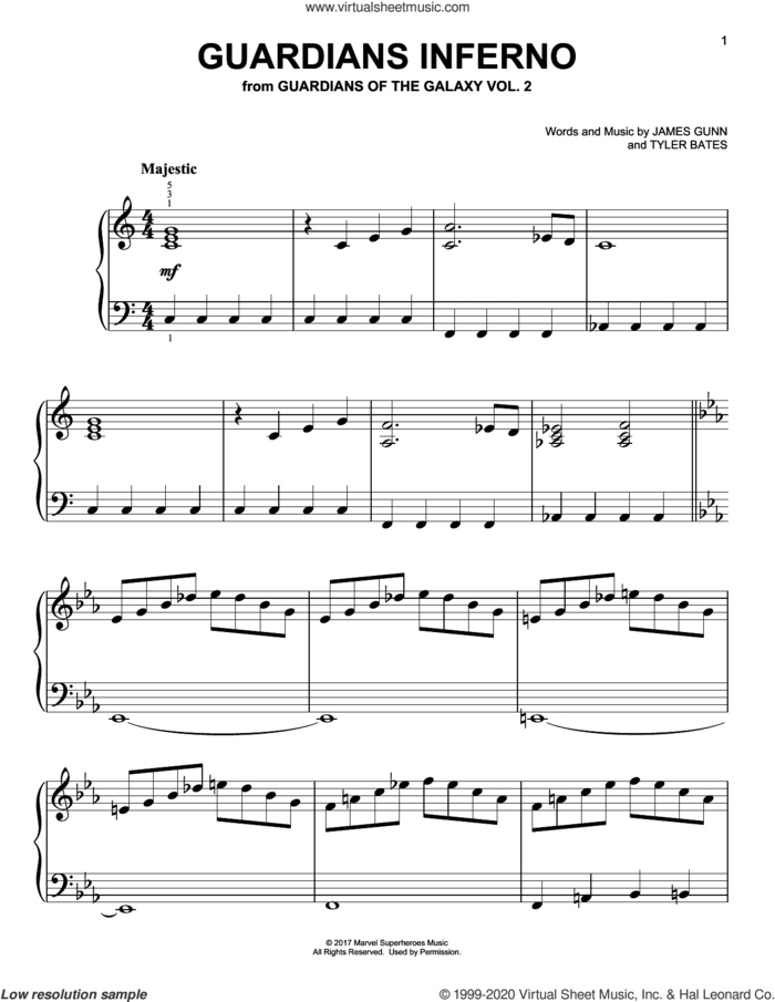 Guardians Inferno (from Guardians Of The Galaxy) sheet music for piano solo by Tyler Bates and James Gunn, easy skill level