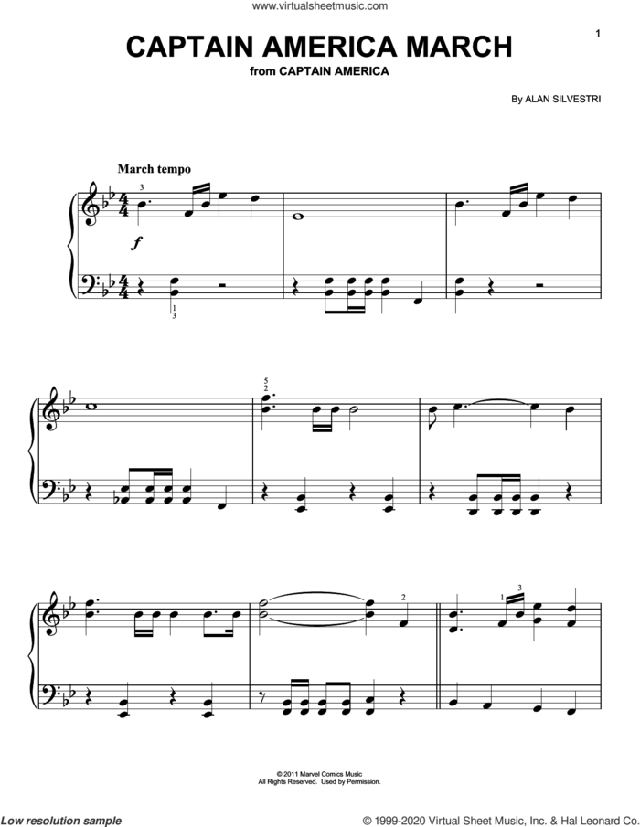 Captain America March sheet music for piano solo by Alan Silvestri, easy skill level
