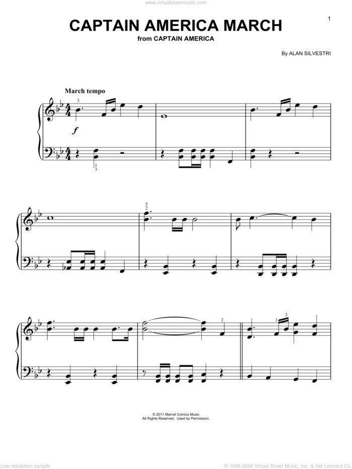 Captain America March sheet music for piano solo by Alan Silvestri, easy skill level