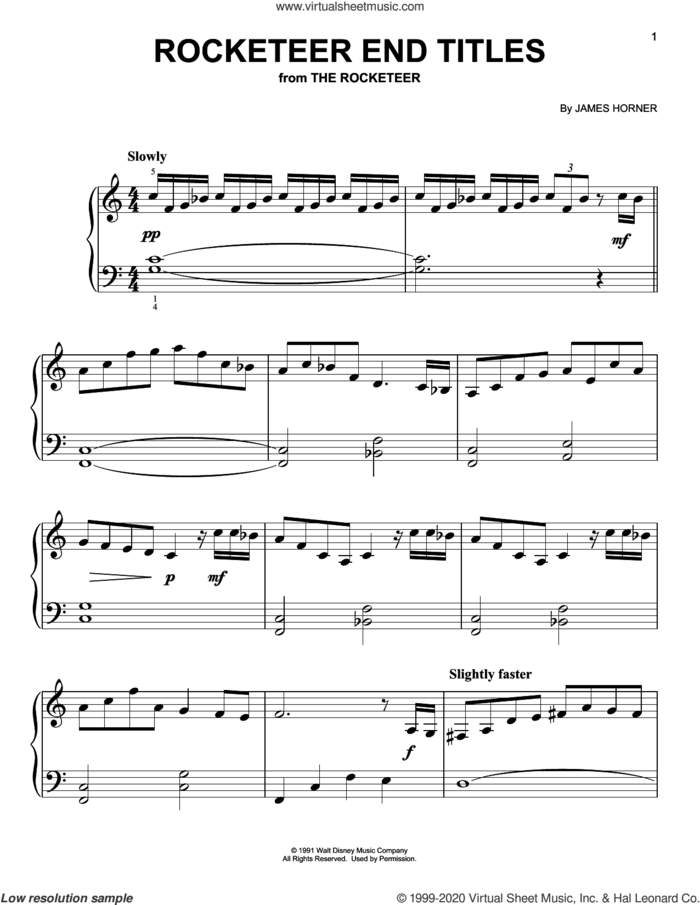 Rocketeer End Titles sheet music for piano solo by James Horner, easy skill level