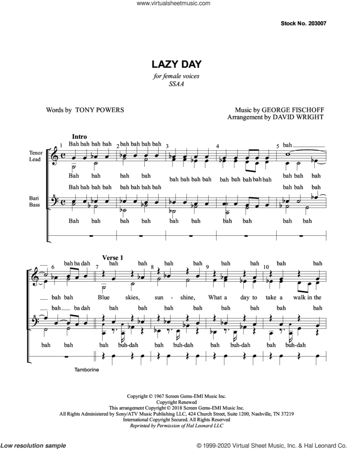 Lazy Day (arr. David Wright) sheet music for choir (SSAA: soprano, alto) by The Gas House Gang, David Wright, George Fischoff and Tony Powers, intermediate skill level