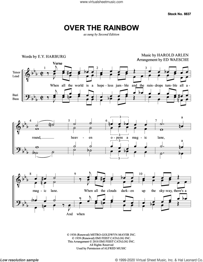 Over the Rainbow (arr. Ed Waesche) sheet music for choir (TTBB: tenor, bass) by Second Edition, Ed Waesche, E.Y. Harburg and Harold Arlen, intermediate skill level