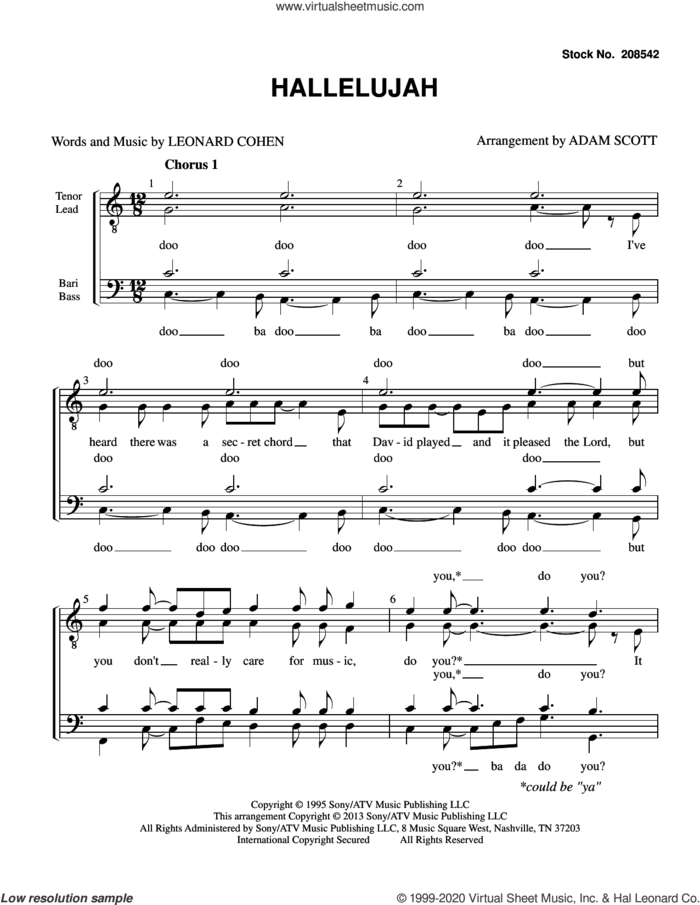 Hallelujah (arr. Adam Scott) sheet music for choir (TTBB: tenor, bass) by John Cale, Adam Scott and Leonard Cohen, intermediate skill level